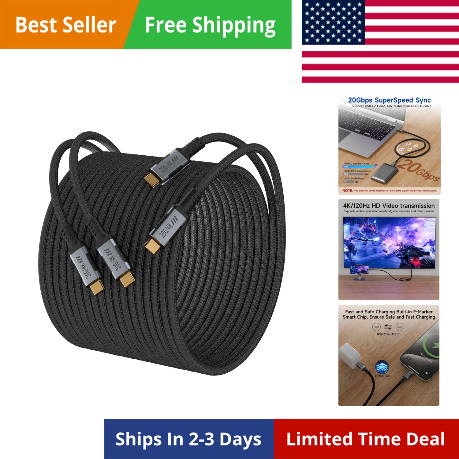 Long USB C Cable 10FT 2-Pack,USBC 3.2 Compatible with Thunderbolt 3 Cable,USB...