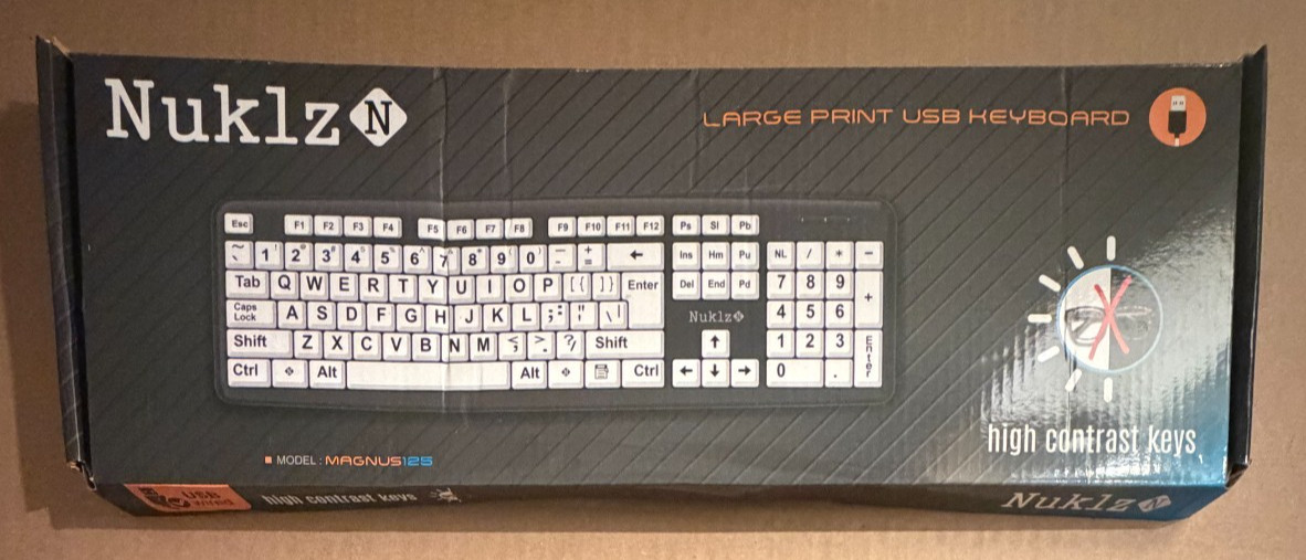 Nuklz N MAGNUS 125 Large Print USB Keyboard - High Contrast Keys - NEW