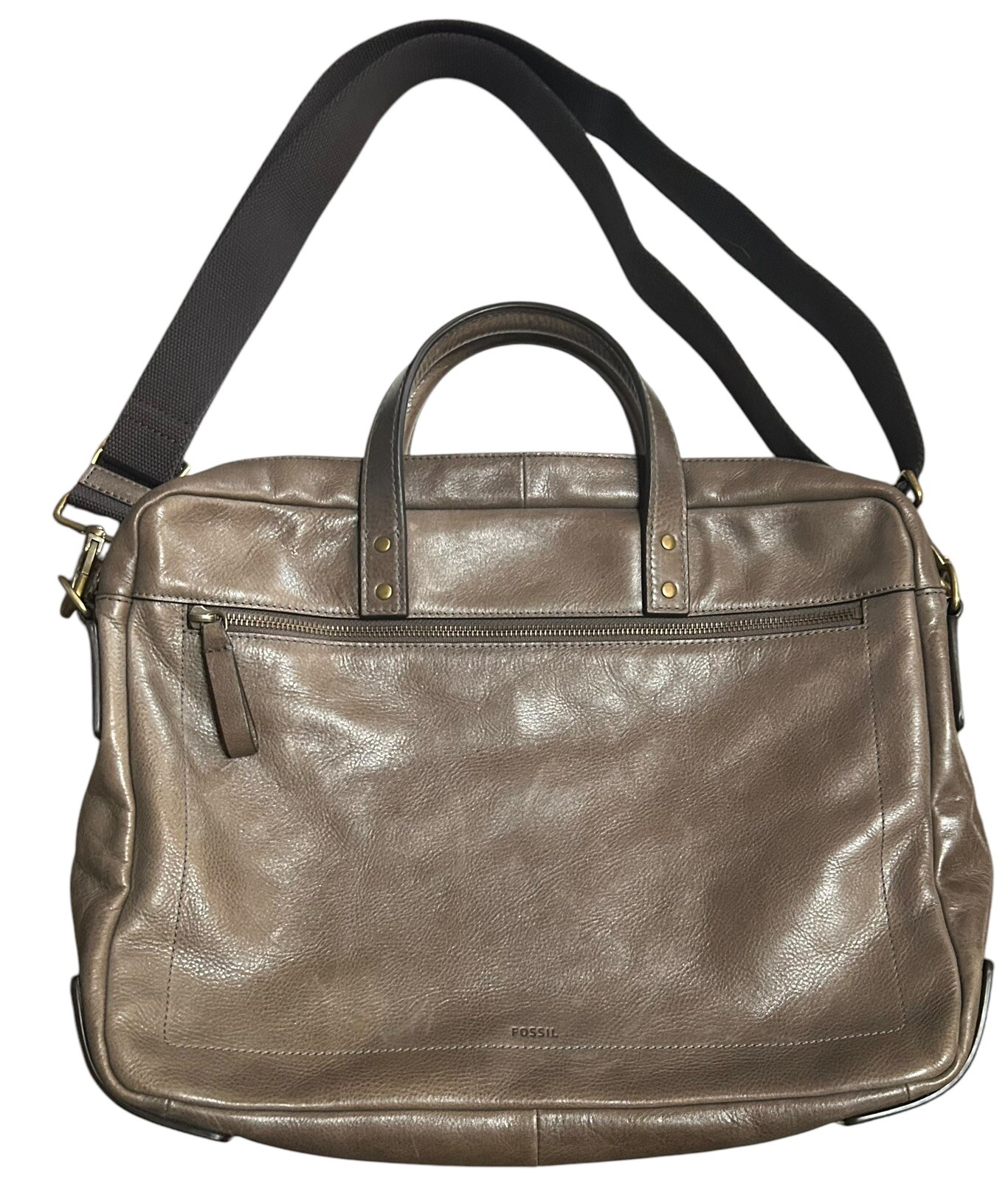 Fossil Double Zip Crossbody  Messenger Gag Satchel Briefcase Taupe Grey Leather