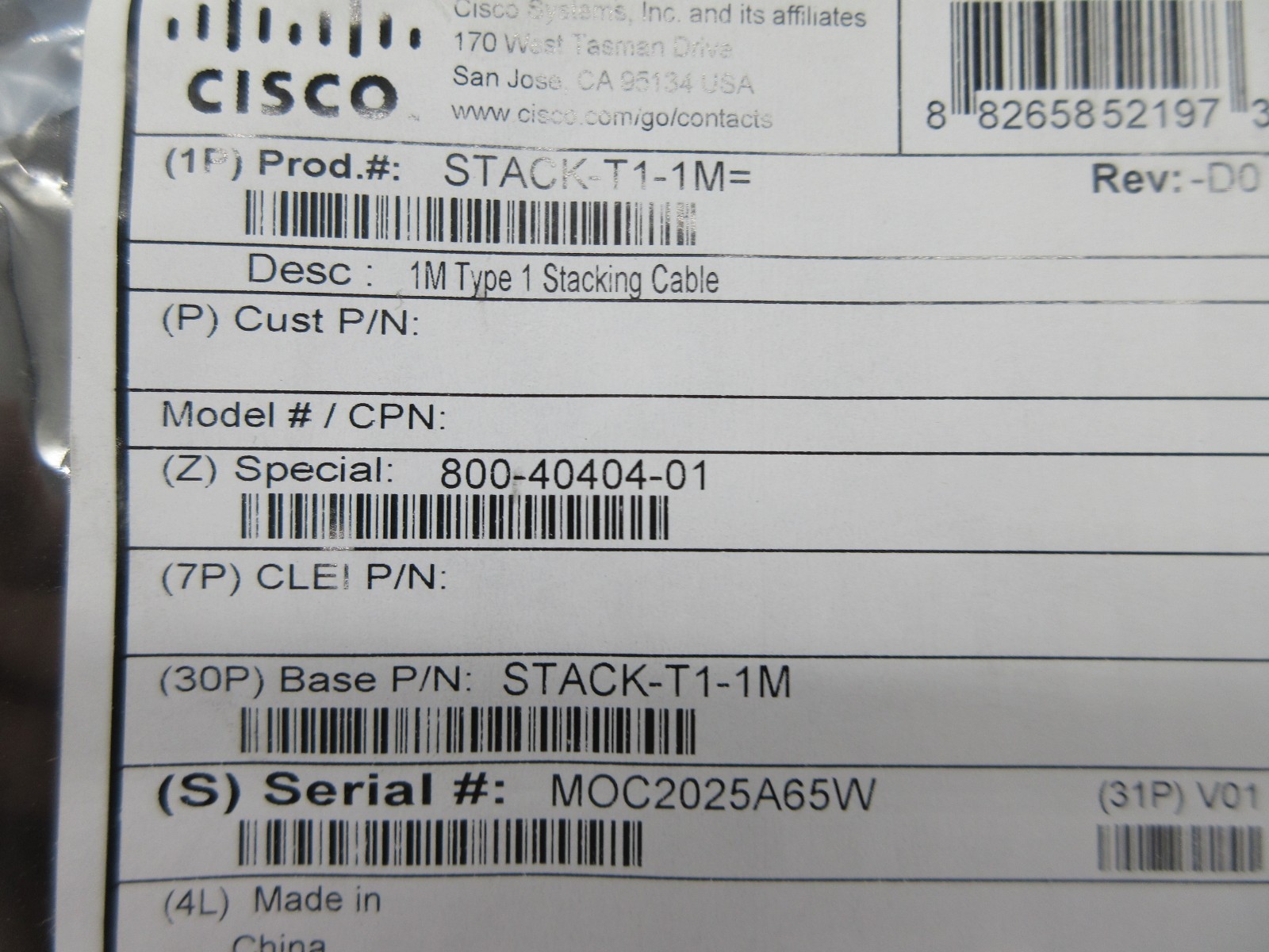 Cisco STACK-T1-1M StackWise-480 Stacking Cable