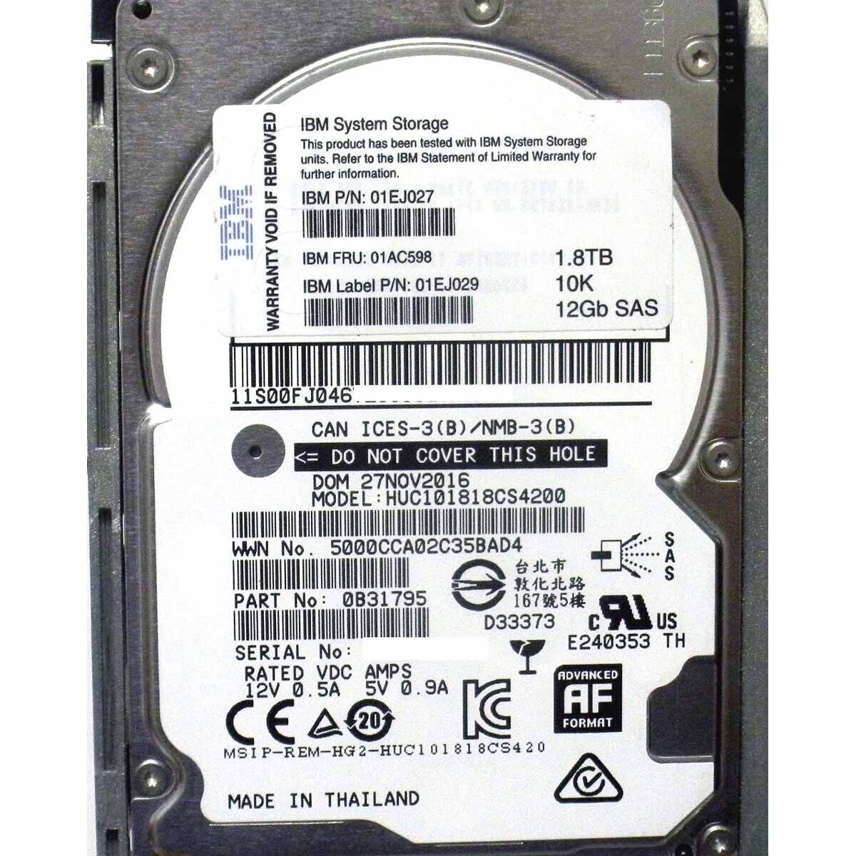 01AC598 IBM HARD DRIVE 1.8TB 10K 12G SAS 2.5 SFF FOR STOREWIZE V5000 G1 G2
