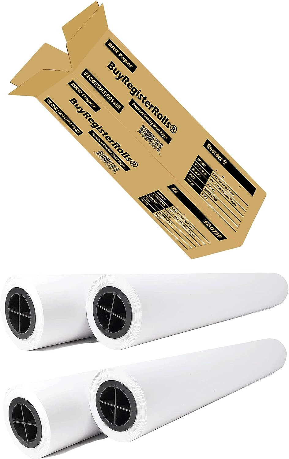 24” x 150'- 4 ROLLS  20lb plotter paper CAD Wide Format Rolls Top Notch Quality