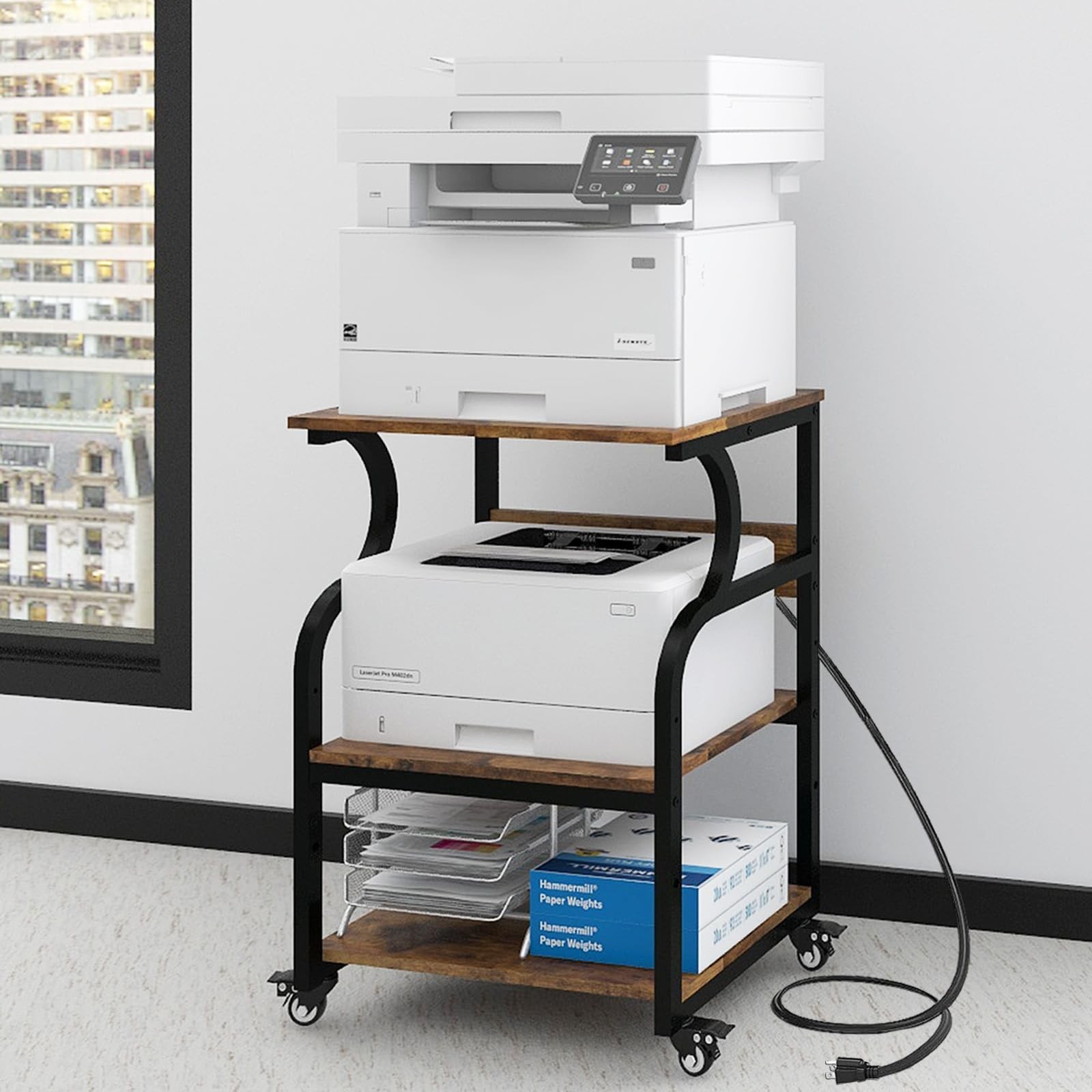 3 Tier Large Printer Stand, 24"x20", with Charging Station,Retro