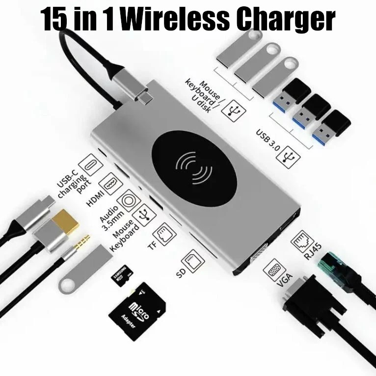 15 in 1 USB-C Hub Wireless Charging HDMI VGA RJ45 USB TF SD Card Audio