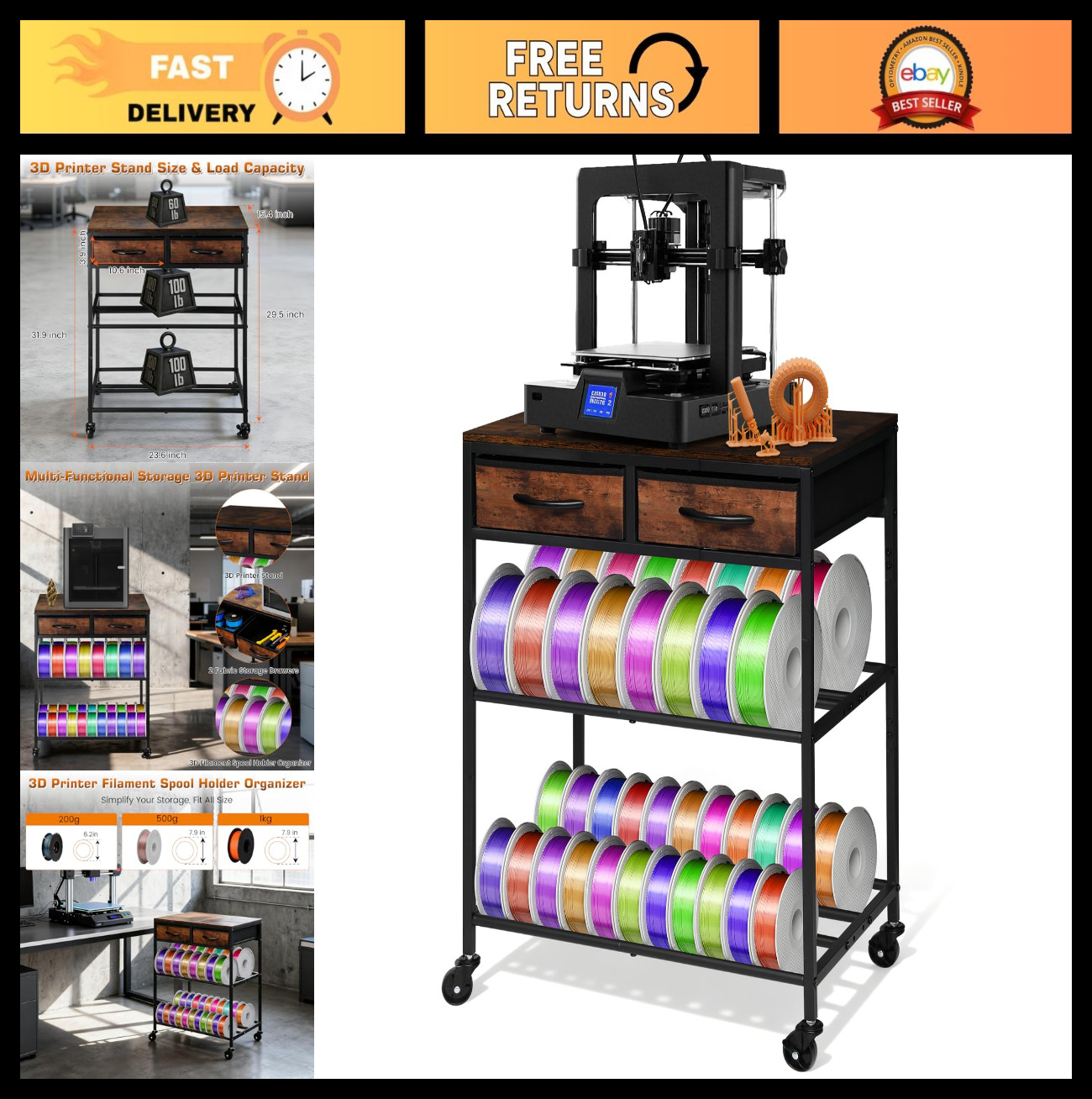 Heavy Duty 3D Printer Filament Storage Shelf with Drawers & Wheels, 2-Tier Metal
