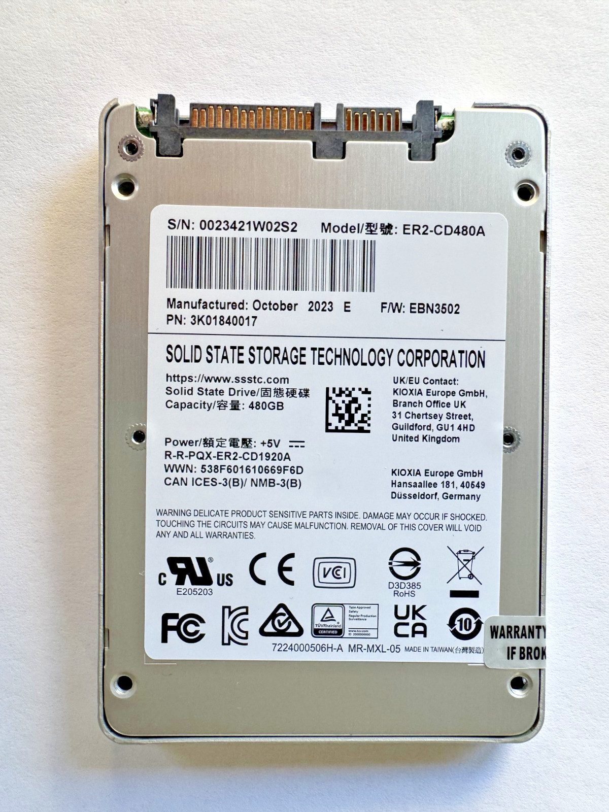 Dell Kioxia SSD 480GB  ER2-CD480A 3K01840017 538F601610669F6D 100% Health