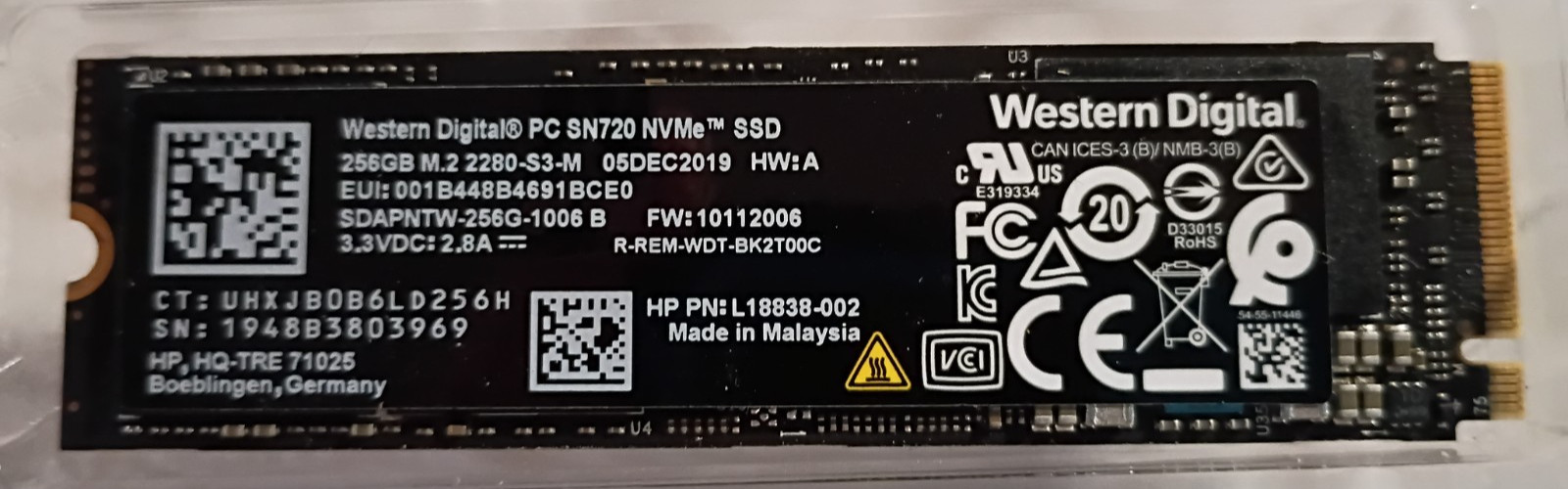 Western Digital PC SN720 NVMe SSD - 256GB M.2 2280 - PCIe 3 x4 HP PN: L18838-002