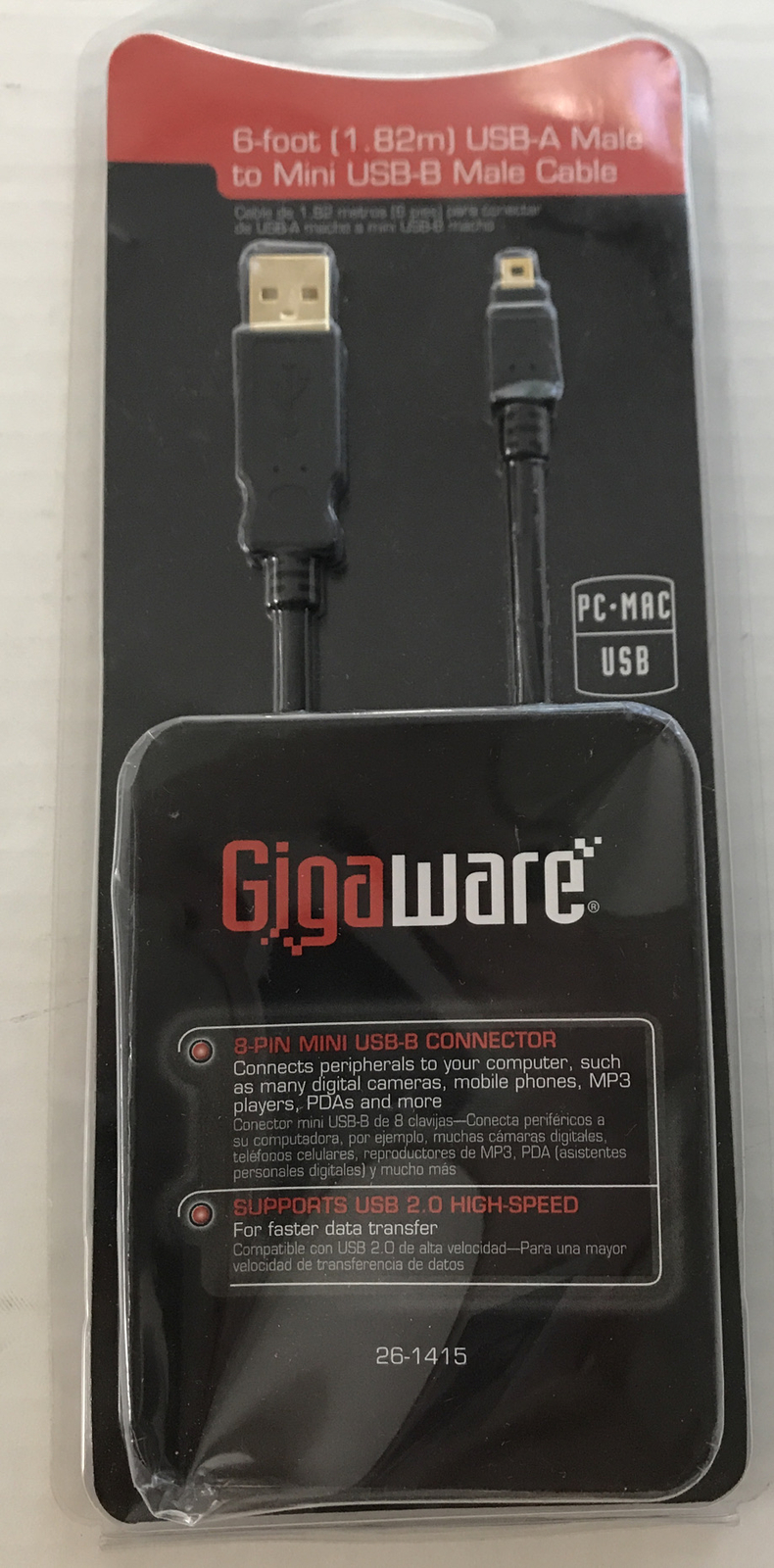 Gigaware 26-1415 6 foot USB-A Male to Mini USB-B Male Cable 8 Pin
