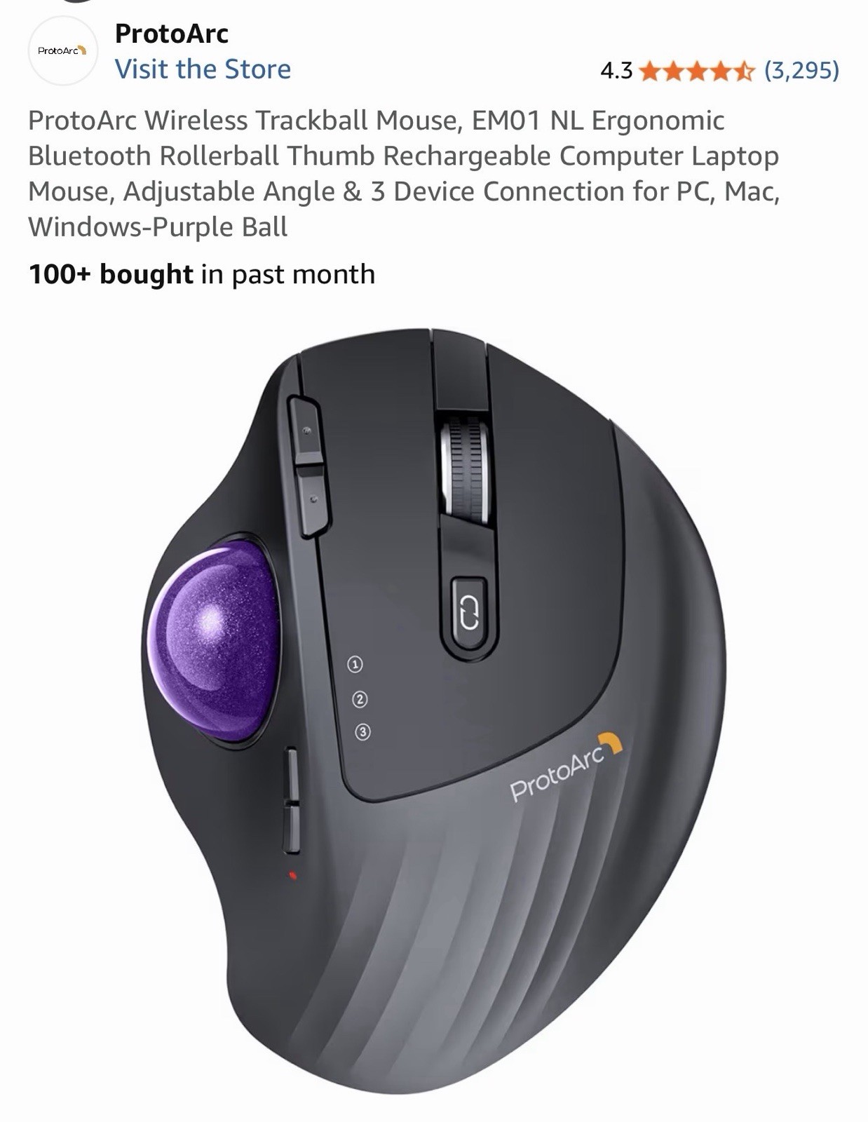 ProtoArc Wireless Trackball Mouse, EM01 NL Ergonomic Bluetooth Rollerball Thumb 