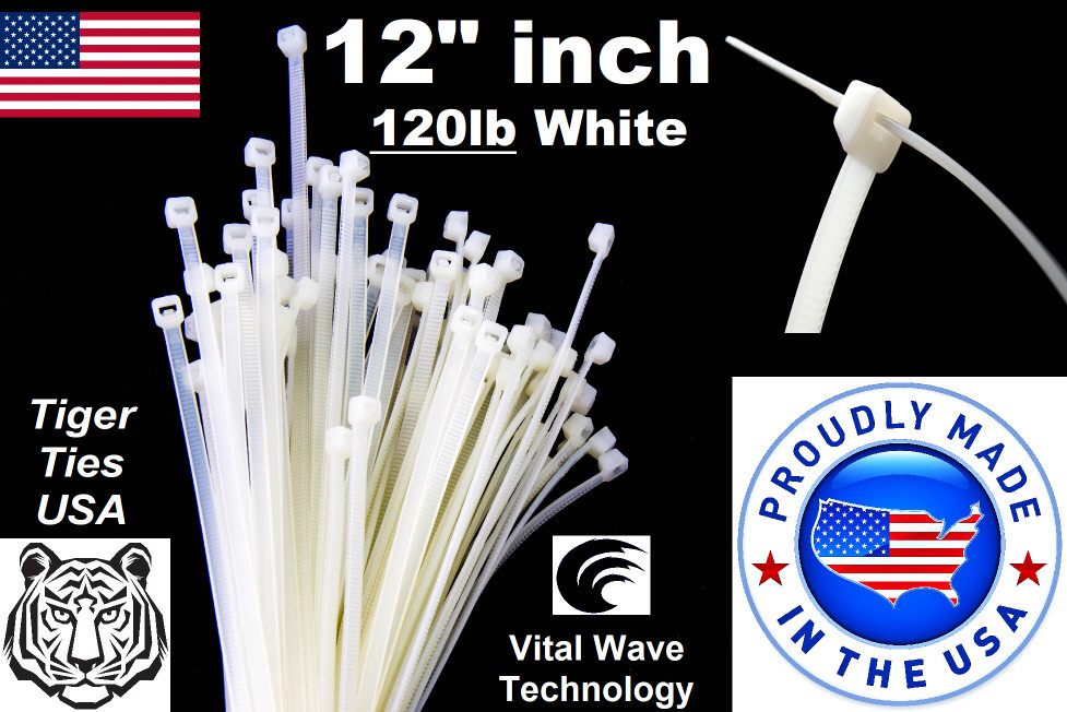 20X White 12" inch Wire Cable Zip Ties Nylon Tie Wraps 120lb USA Made Tiger Ties