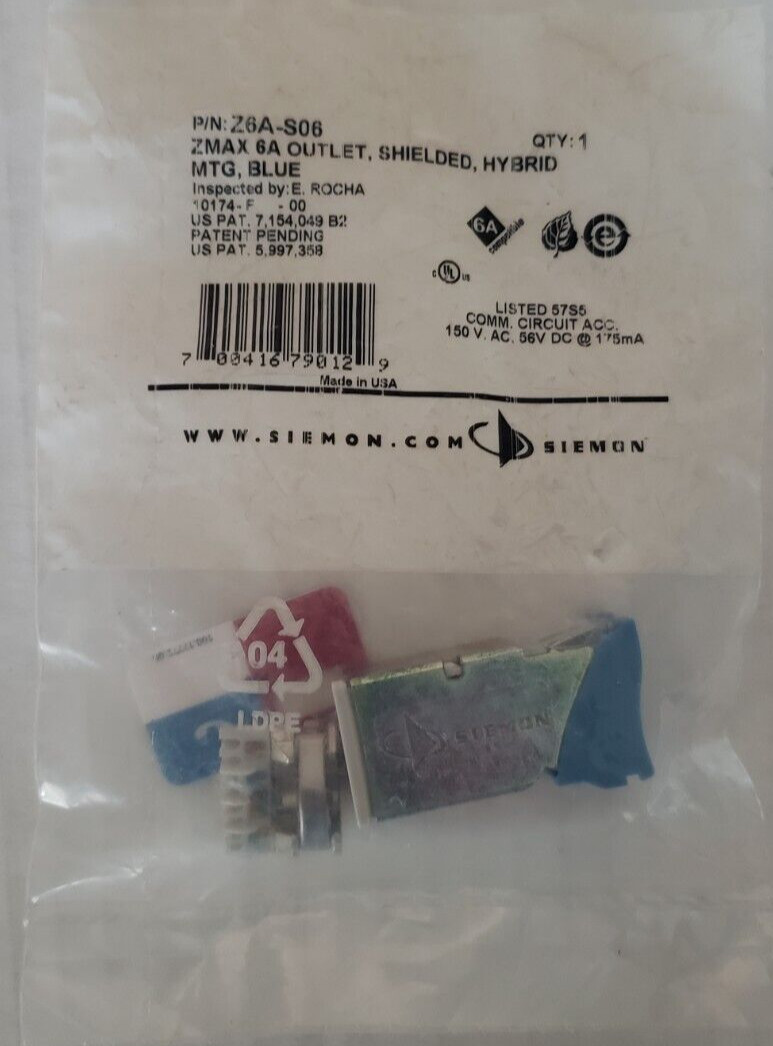 Qty 1 - SIEMON Z6A-S06 ZMAX HYBRID SHIELDED CAT 6A MODULAR JACK -  BLUE
