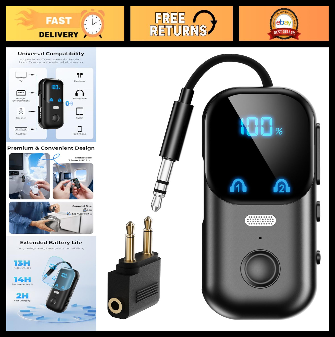 Bluetooth 5.4 Audio Adapter Transmitter Receiver, aptX Adaptive, 2-in-1 for TV &