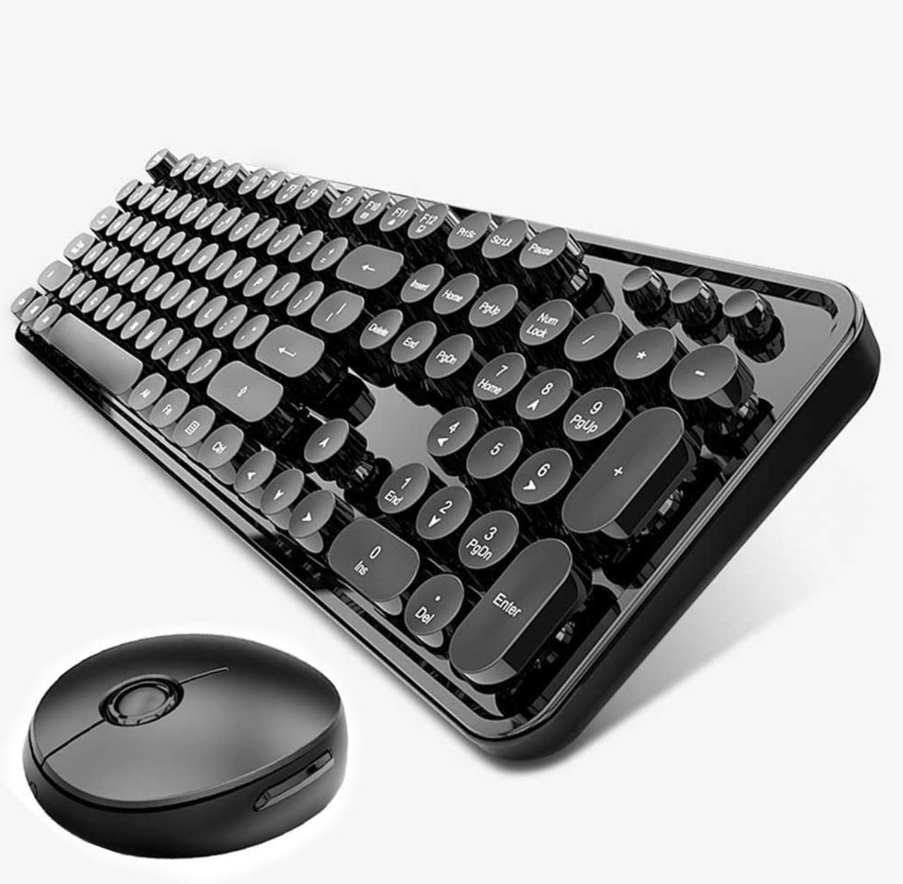 Wireless Keyboard Mouse Combo Retro Style Round Keycaps Windows PC Black