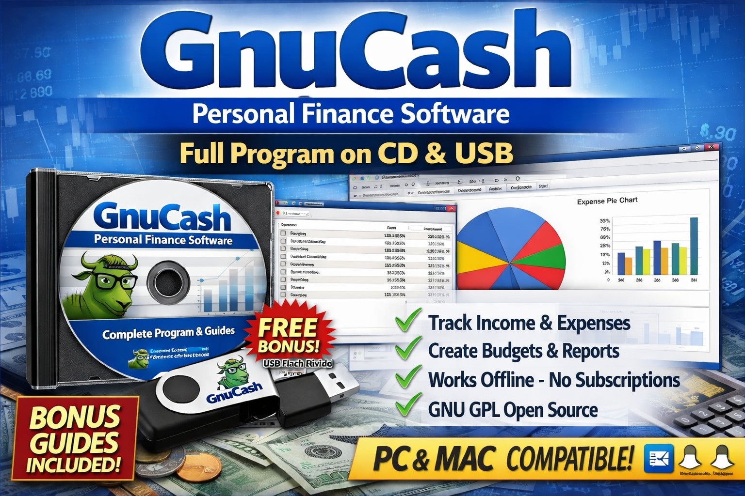 GnuCash Personal Finance Software CD & USB | Budgeting, Accounting | Offline
