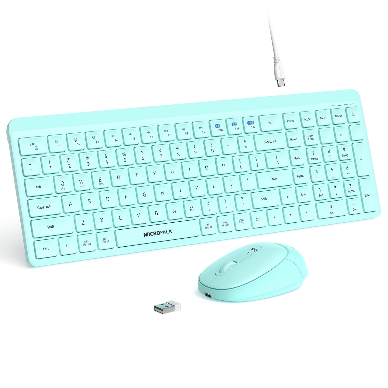 Teal Wireless Keyboard and Mouse Combo for Desktop Mac iPad Bluetooth 2.4 Ghz...