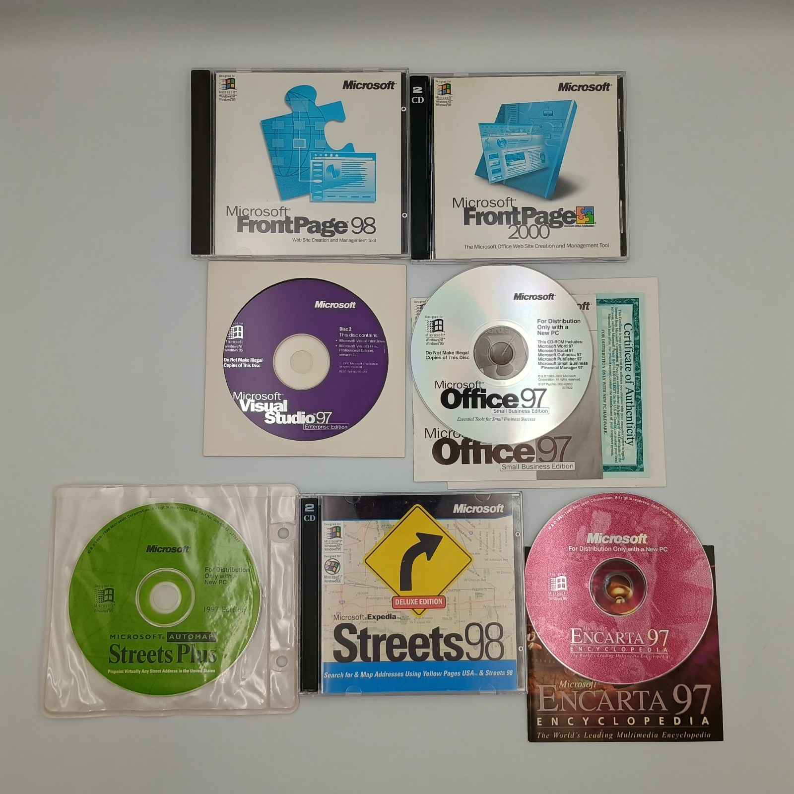 Microsoft Software Lot 7 FrontPage 98 2000 Office 97 Visual Studio Encarta CDROM
