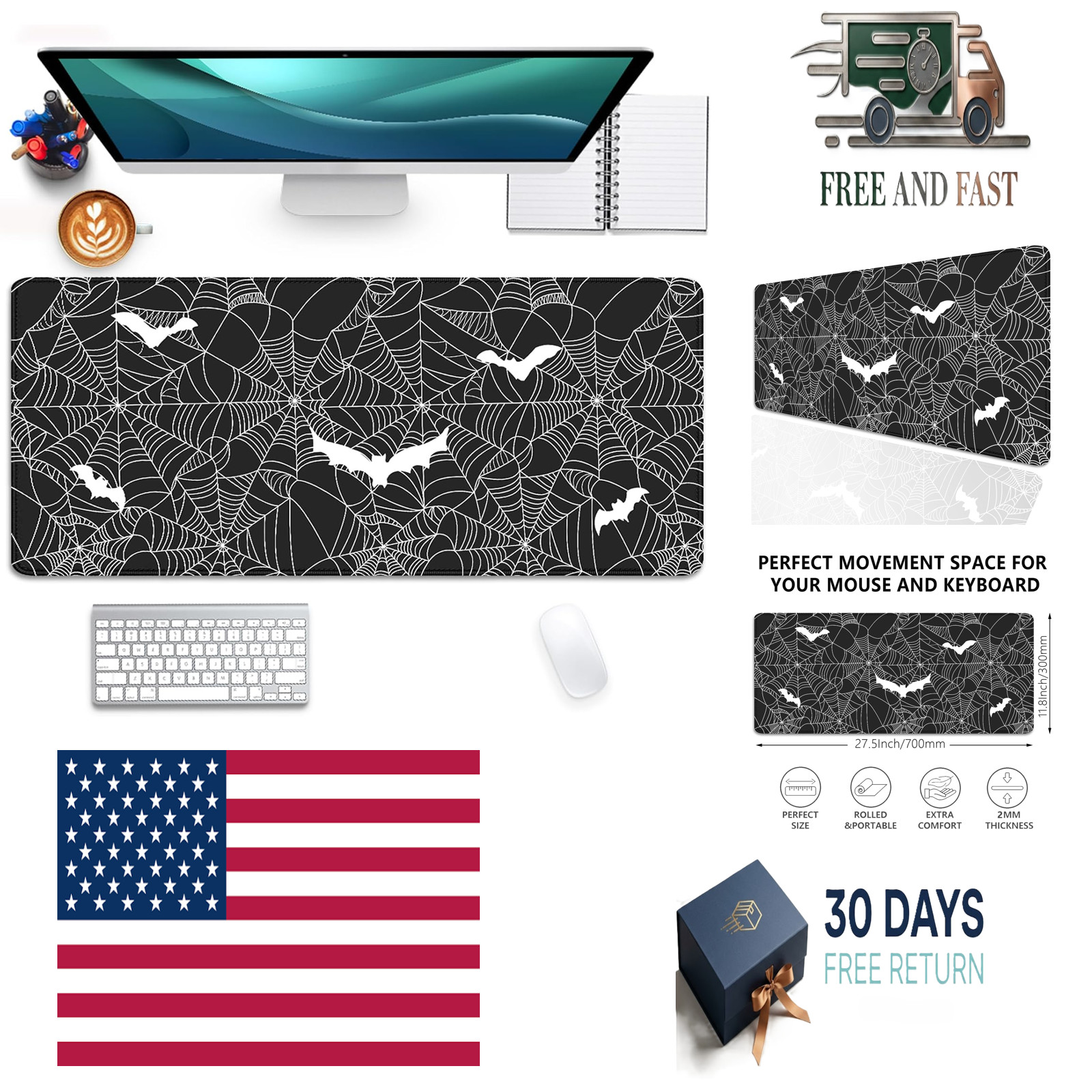 Black Spider Web Desk Pad Mouse Pad,Large Gaming Bat Mouse Mat with Stitched