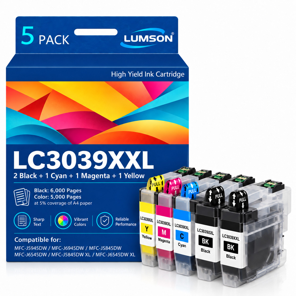 LC3039XXL Ink Cartridges 5Pack High-Yield for LC3037 MFC-J6545DW/J5845DW