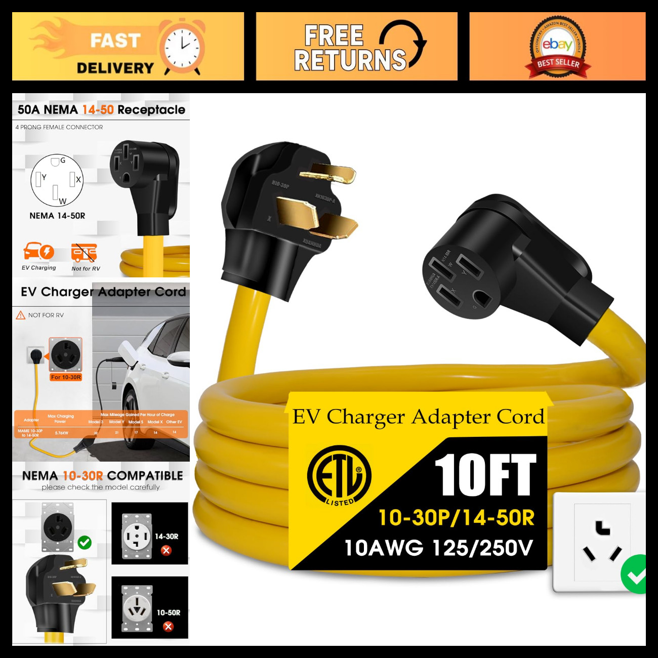 NEMA 10-30P to 14-50R EV Charger Adapter, 10FT Extension Cord, 30A to 50A Level