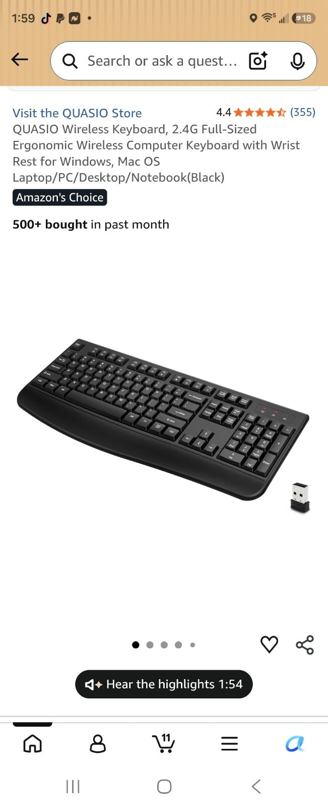 QUASIO Wireless Ergonomic Keyboard w/ Wrist Rest, Black QWERTY