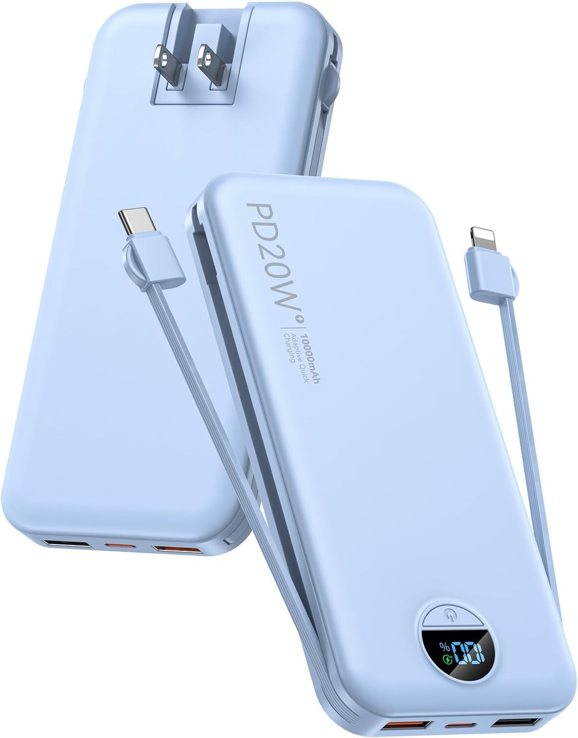 10000mAh PD20W Power Bank Built In Cables Wall Plug Blue