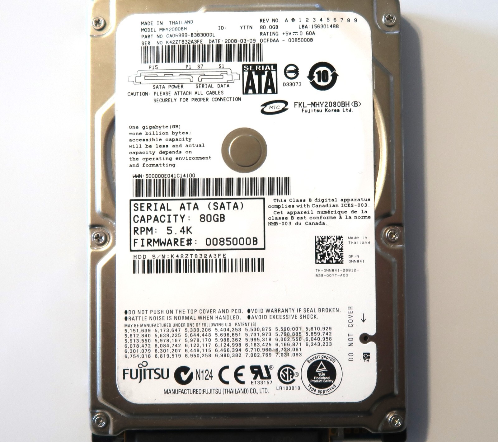 Fujitsu MHY2080BH CA06889-B38300DL 0CFDAA-0085000B 80gb Sata 2.5" HDD 03-2008