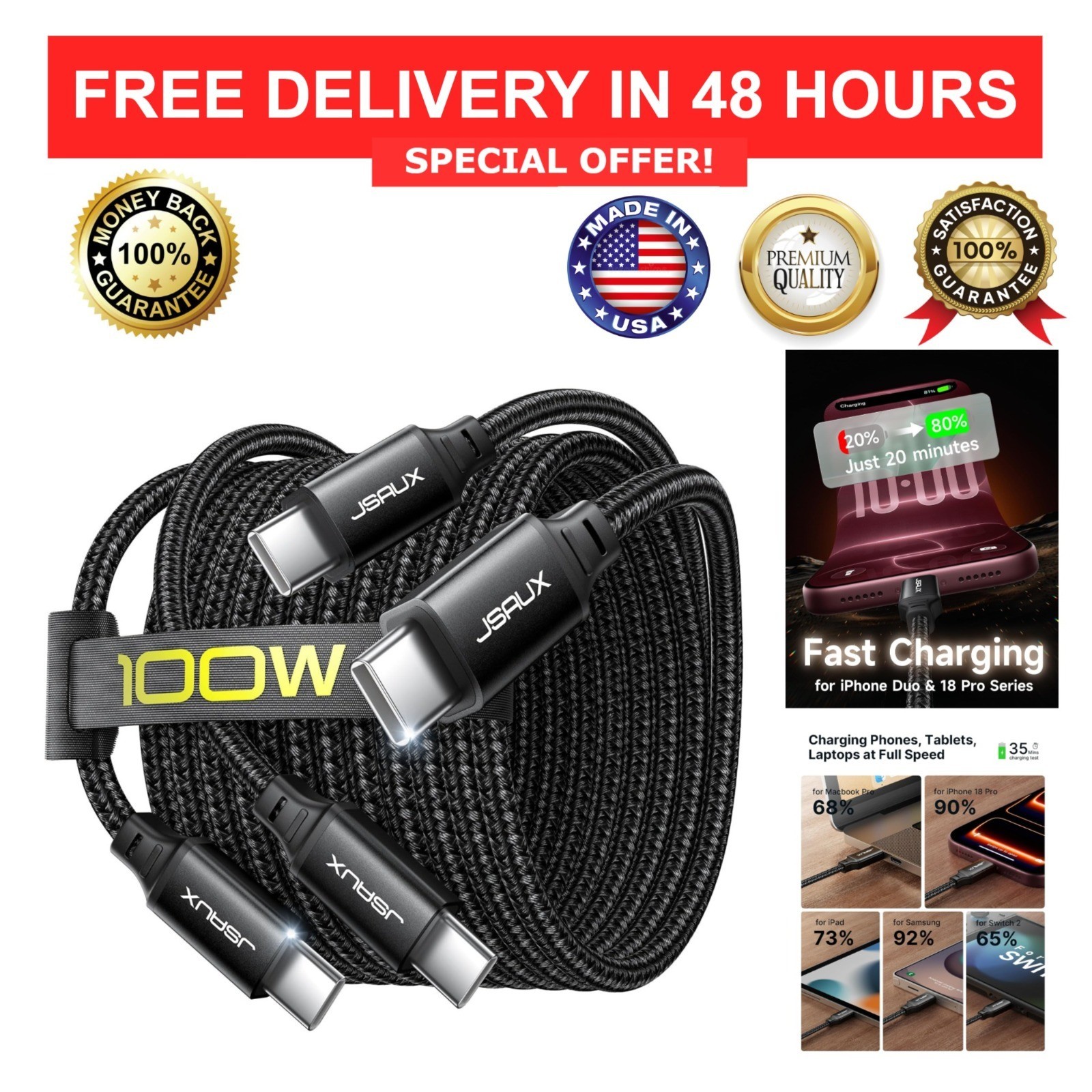 JSAUX 100W USB C to USB C Cable 2-Pack 6.6FT PD Fast Charging Braided