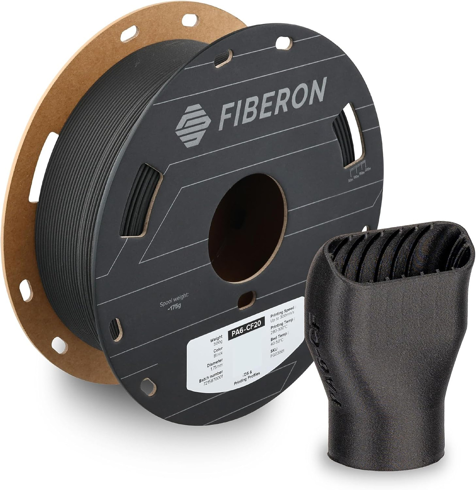 Fiberon PA6-CF20 Carbon Fiber Nylon Filament 1.75mm, Black, 0.5kg