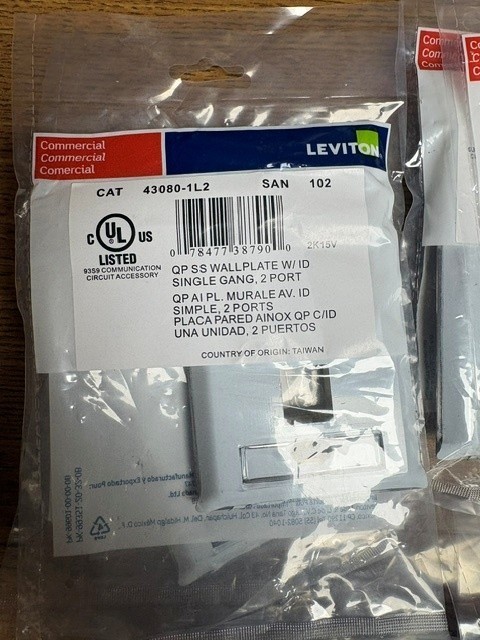 Leviton 43080-1L2 QUICKPORT Stainless Steel Wall Plate with ID Windows. 2-Port