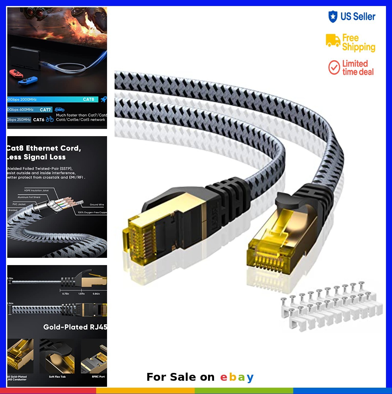 Cat 8 Ethernet Cable 25 FT 40Gbps 2000MHz Flat Braided SSTP RJ45 for Gaming PC
