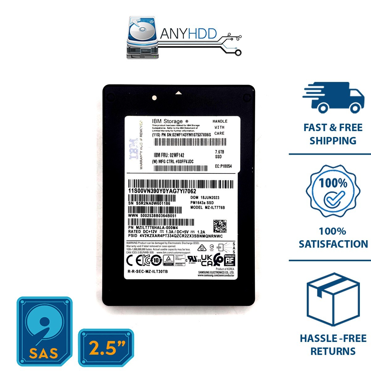 IBM PM1643a 7.68TB 2.5in SAS Internal SSD MZ-ILT7T6B MZILT7T6HALA-000M3