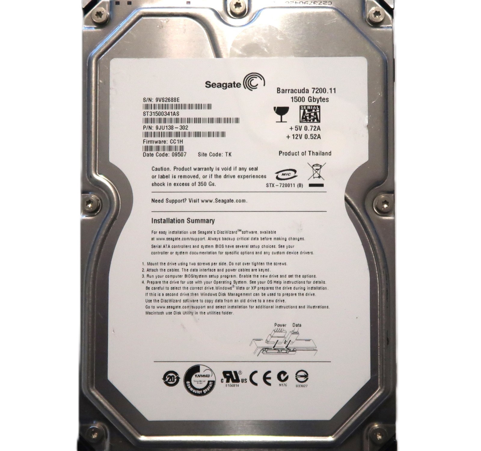Seagate ST31500341AS 9JU138-302 CC1H (9VS) TK Thailand 3.5" 1.5TB Sata JUN/2009