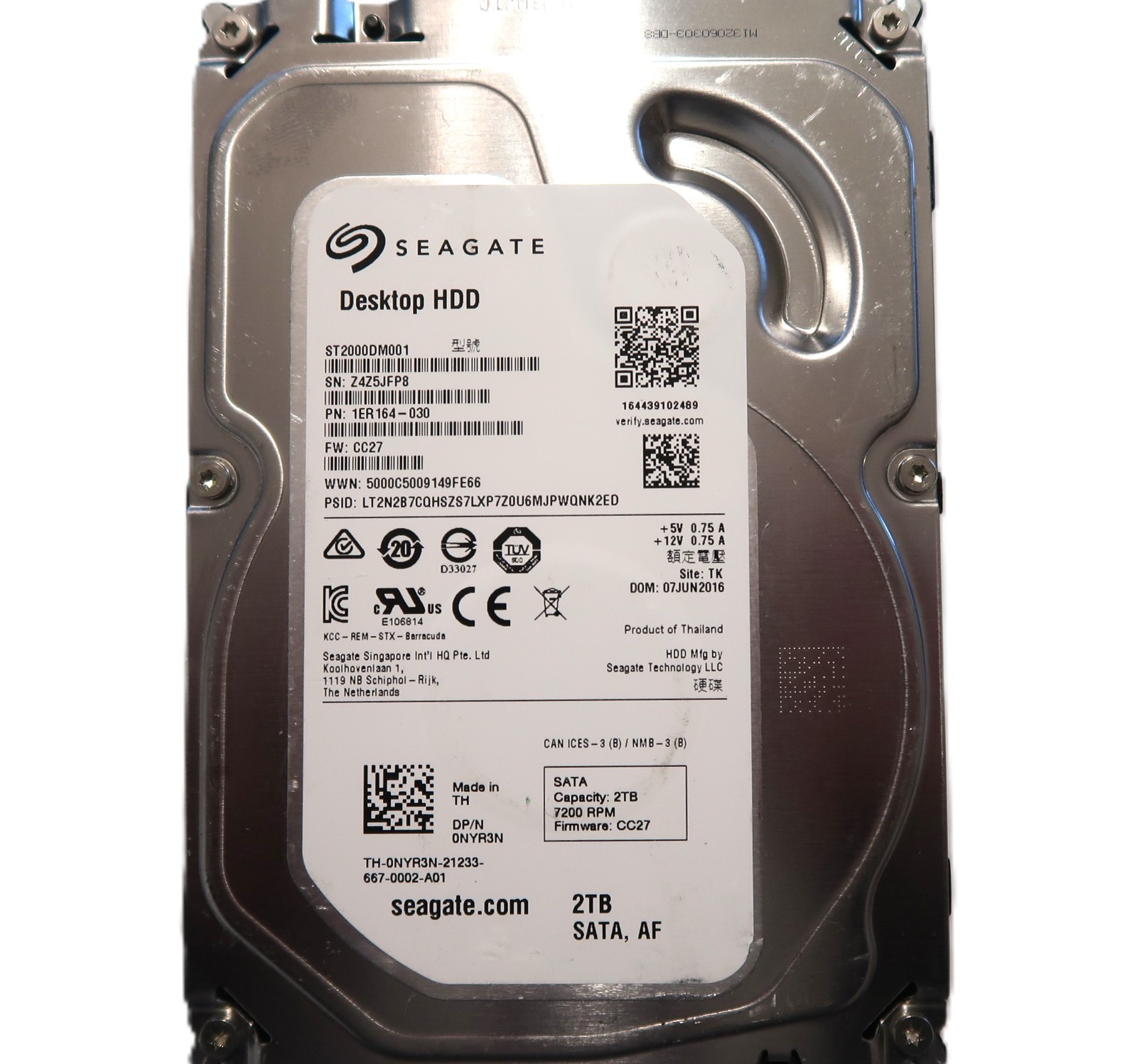 Seagate ST2000DM001 1ER164-030 CC27 Thailand (Z4Z5) 3.5" 2TB Sata HDD JUN/2016