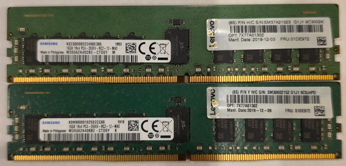 LOT of 2 Samsung 16GB PC4-2666V-RC2 DDR4 Server RAM Memory M393A2K40BB2-CTD