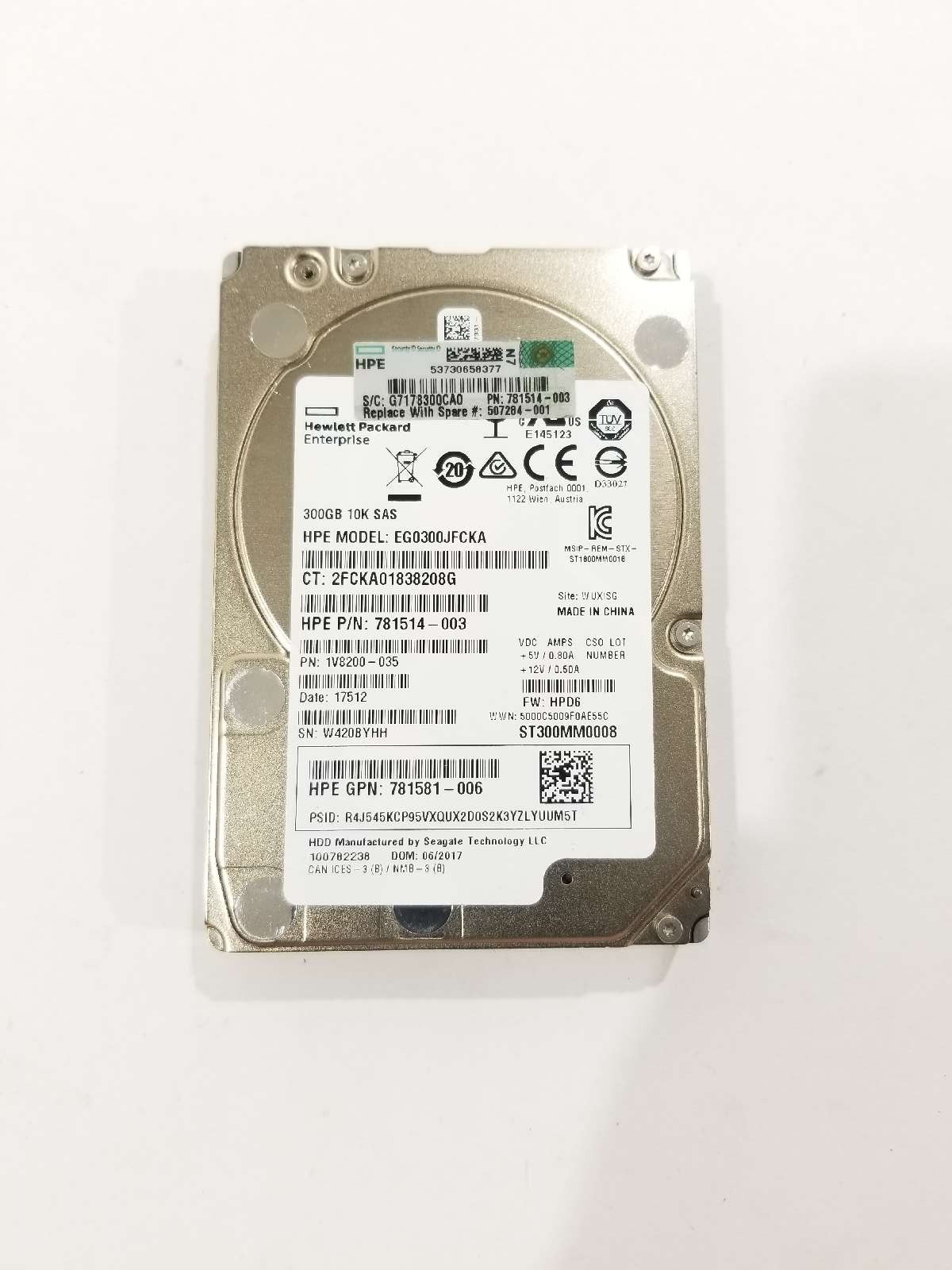 HPE EG0300JFCKA 300GB 2.5" 12Gb/s 10K RPM SAS Hard Drive P/N: 781581-006 Tested
