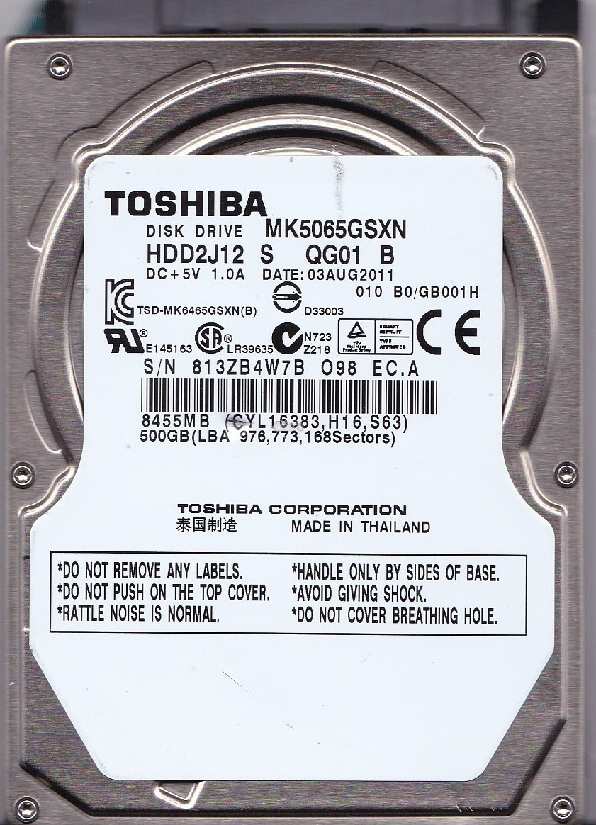 MK5065GSXN HDD2J12 S QG01 B G002706A Thailand GB001H 500GB 2011 SATA 2.5 TOSHIBA