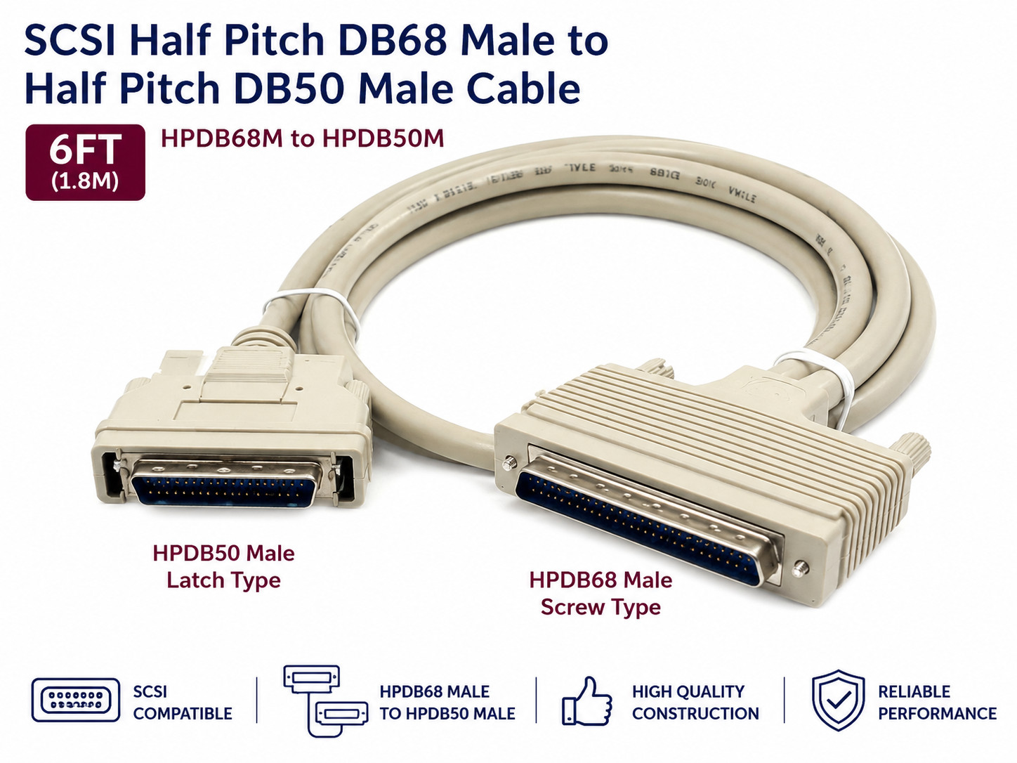 SCSI Half Pitch DB68 Male to Half Pitch DB50 Male Cable 6FT (HPDB68M to HPDB50M)