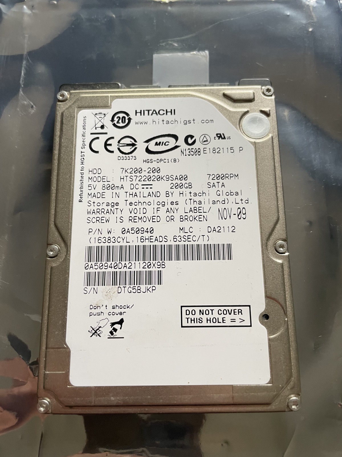 Hitachi Travelstar 7K200 HTS722020K9SA00 200GB 2.5" sata hdd Tested