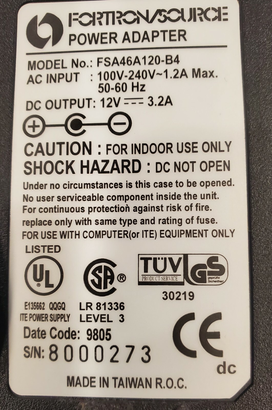 Fortron/Source Power Adapter Model # FSA46A120-B4