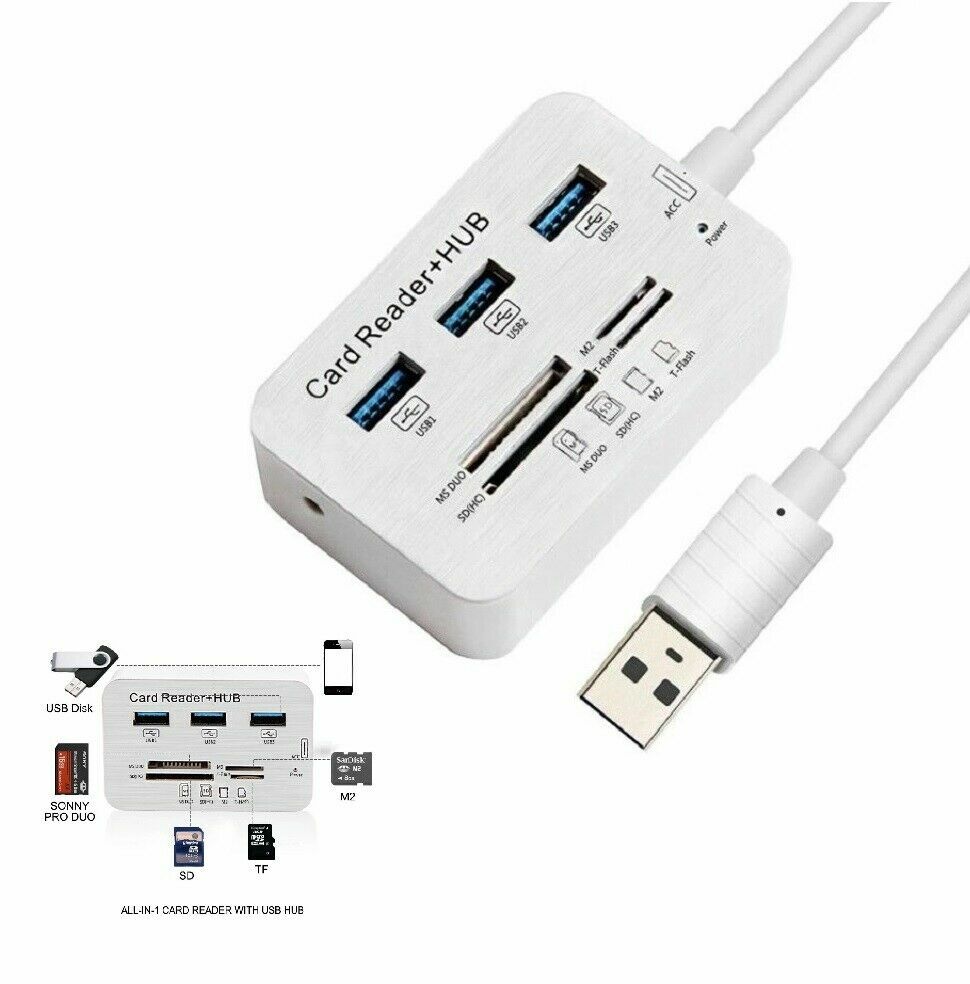 Aluminum 3 Port USB 3.0 Hub MS SD M2 TF Multi-In-1 Memory Card Reader Adapter US