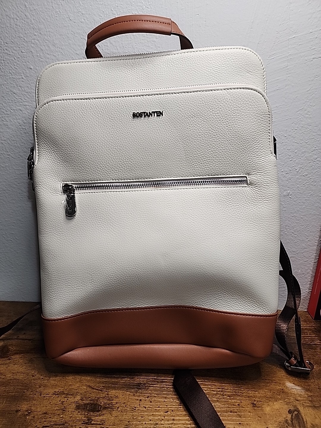 BOSTANTEN Leather Backpack Laptop Bag Travel Casual Computer Beige Brown 