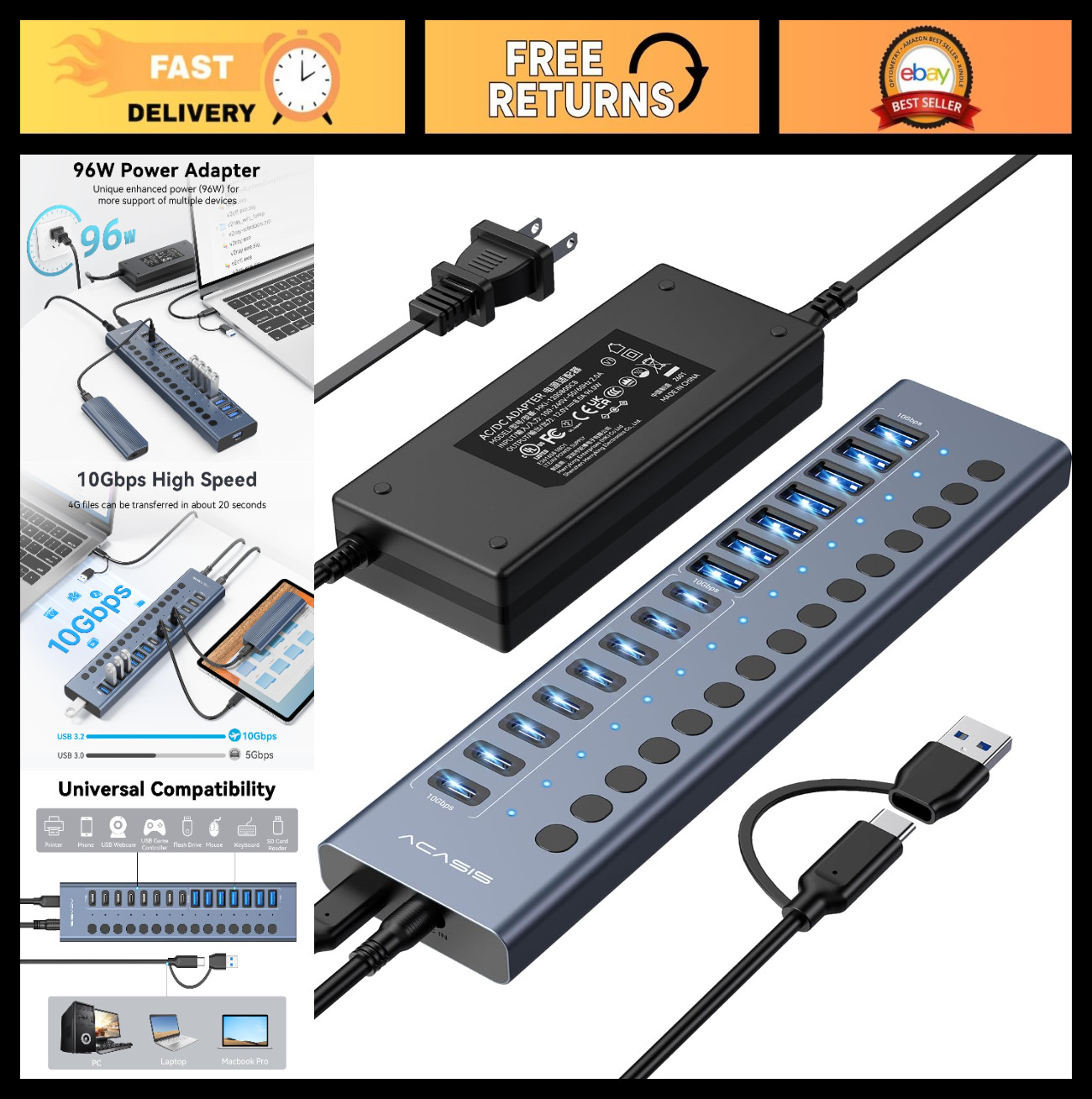 16-Port USB 3.2 Hub - 8 USB-A & 8 USB-C, 10Gbps, Individual Switches, Aluminum,
