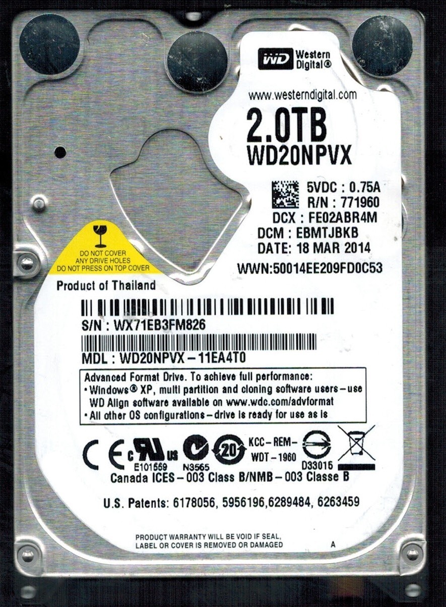 WD20NPVX-11EA4T0 S/N: WX71E DCM: EBMTJBKB WESTERN DIGITAL 2TB THAILAND MAR 2014