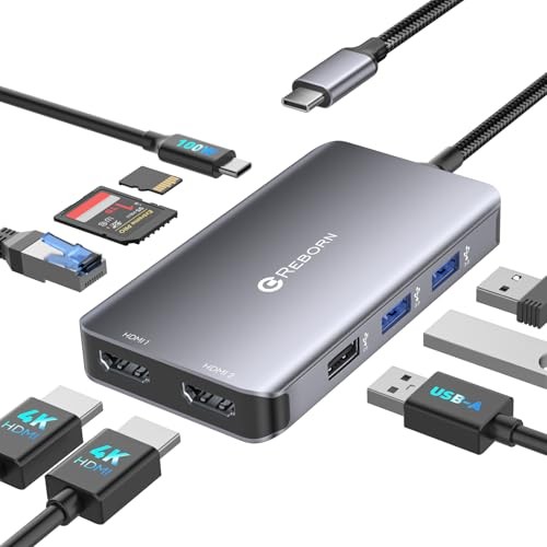 Reborn Laptop Docking Station Dual Monitor, 9-in-1 USB C Hub 4K 2HDMI Ports Gray
