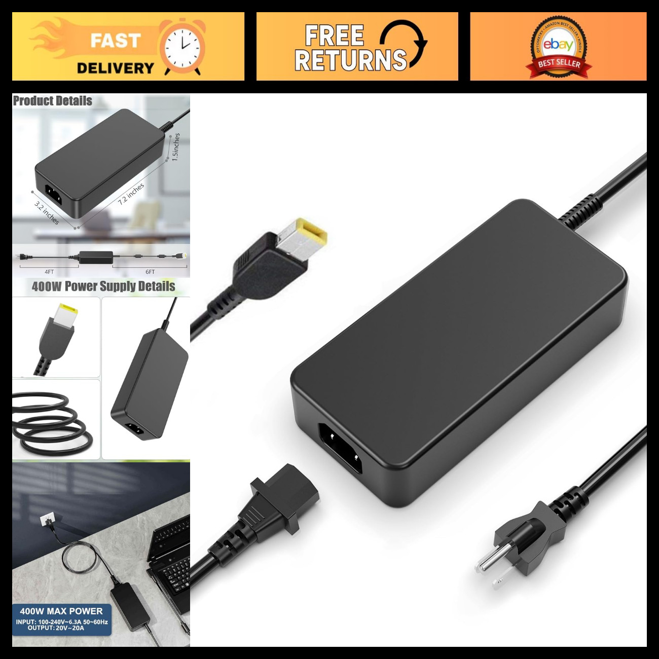 400W 20V 20A AC Laptop Charger Power Supply for Lenovo Legion Pro 7 9i 16" RTX 5