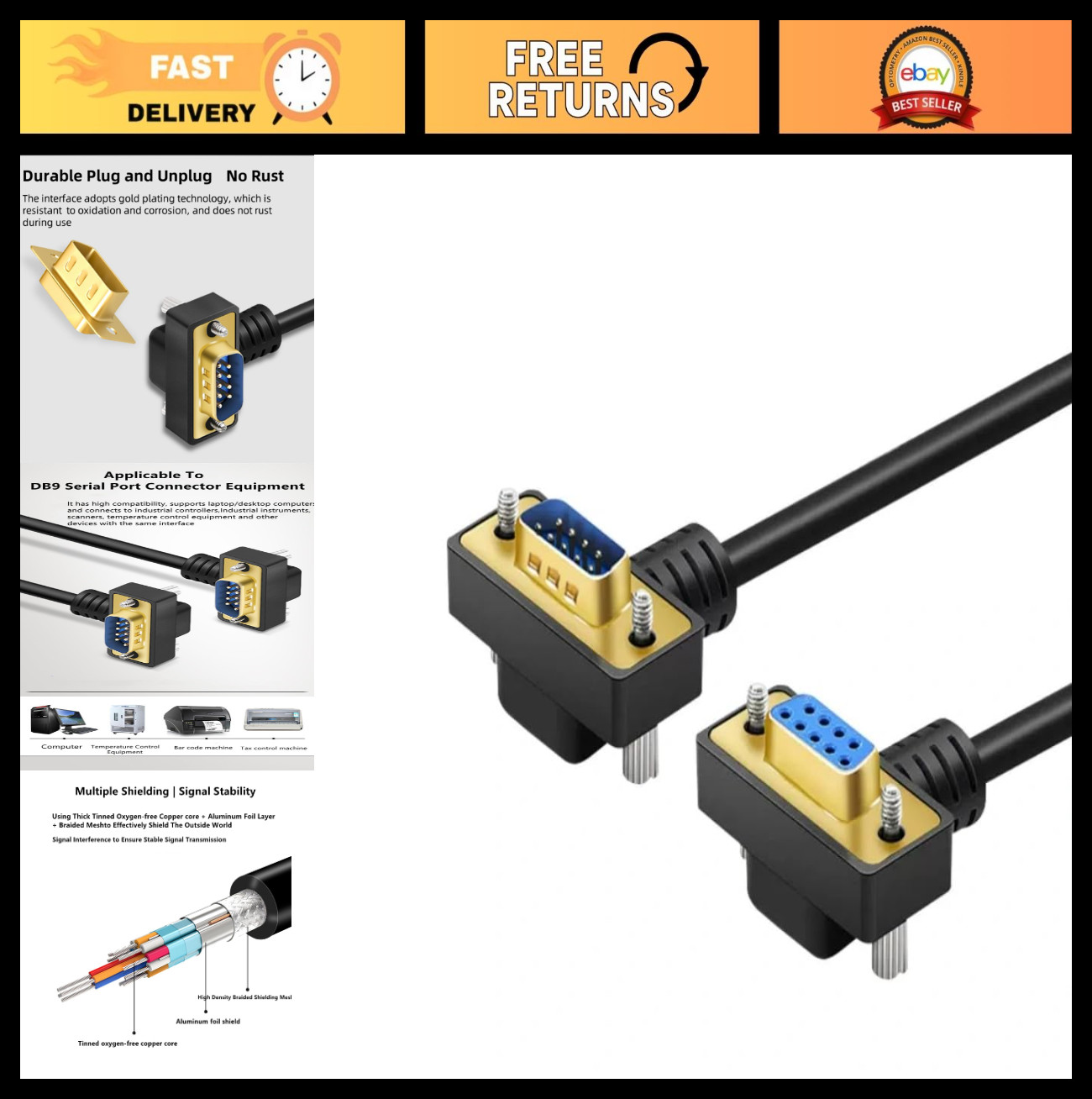 32.8ft RS232 Serial Extension Cable, 9-Pin Male to Female Right Angle, Gold Plat