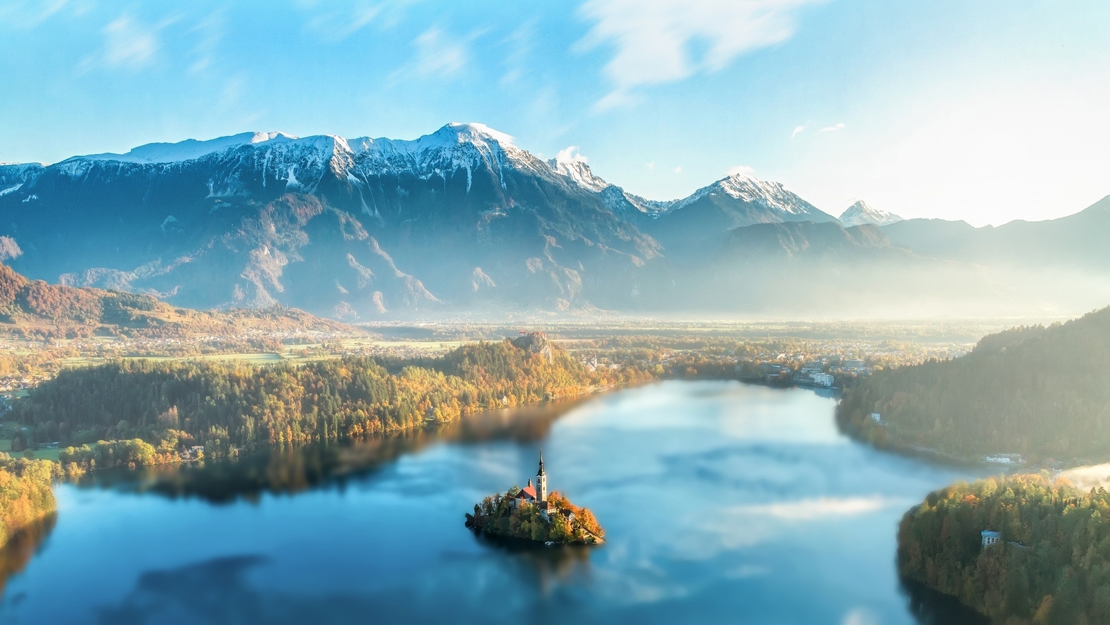 Landscape lake slovenia bled forest mist church snowy Custom Gaming Mat Desk
