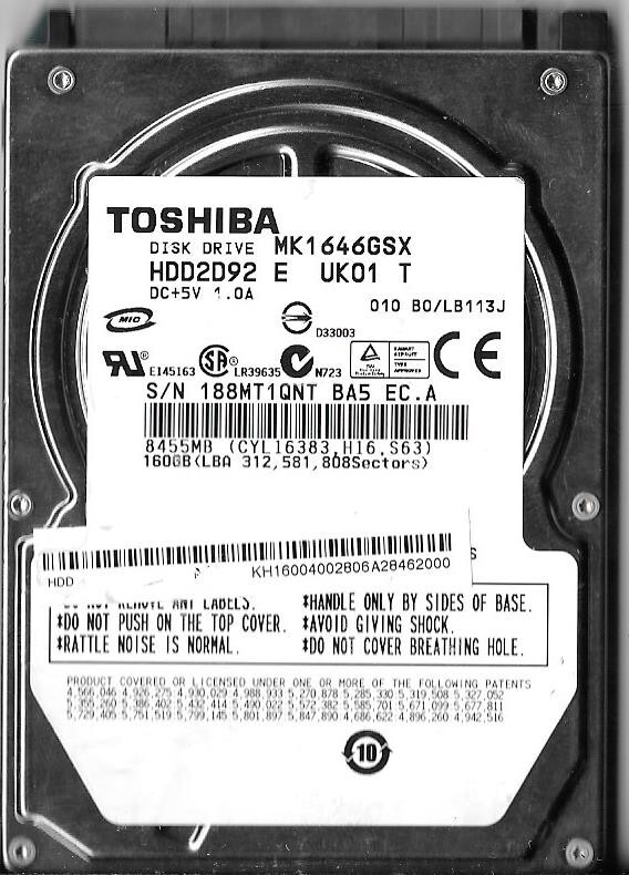 Toshiba MK1646GSX HDD2D92 E UK01 T 160GB Sata Hard Drive
