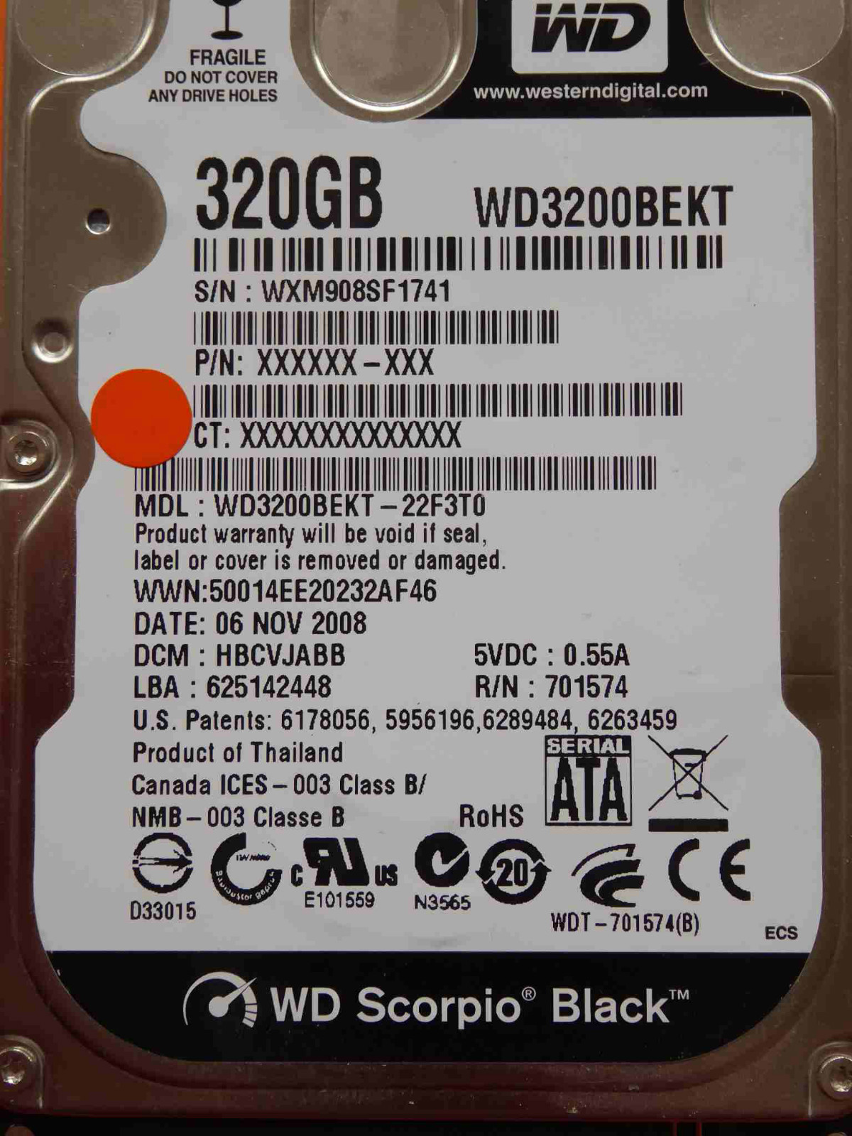 Western Digital WD3200BEKT-22F3T0 DCM: HBCVJABB 06 NOV 2008 WD Black 320GB