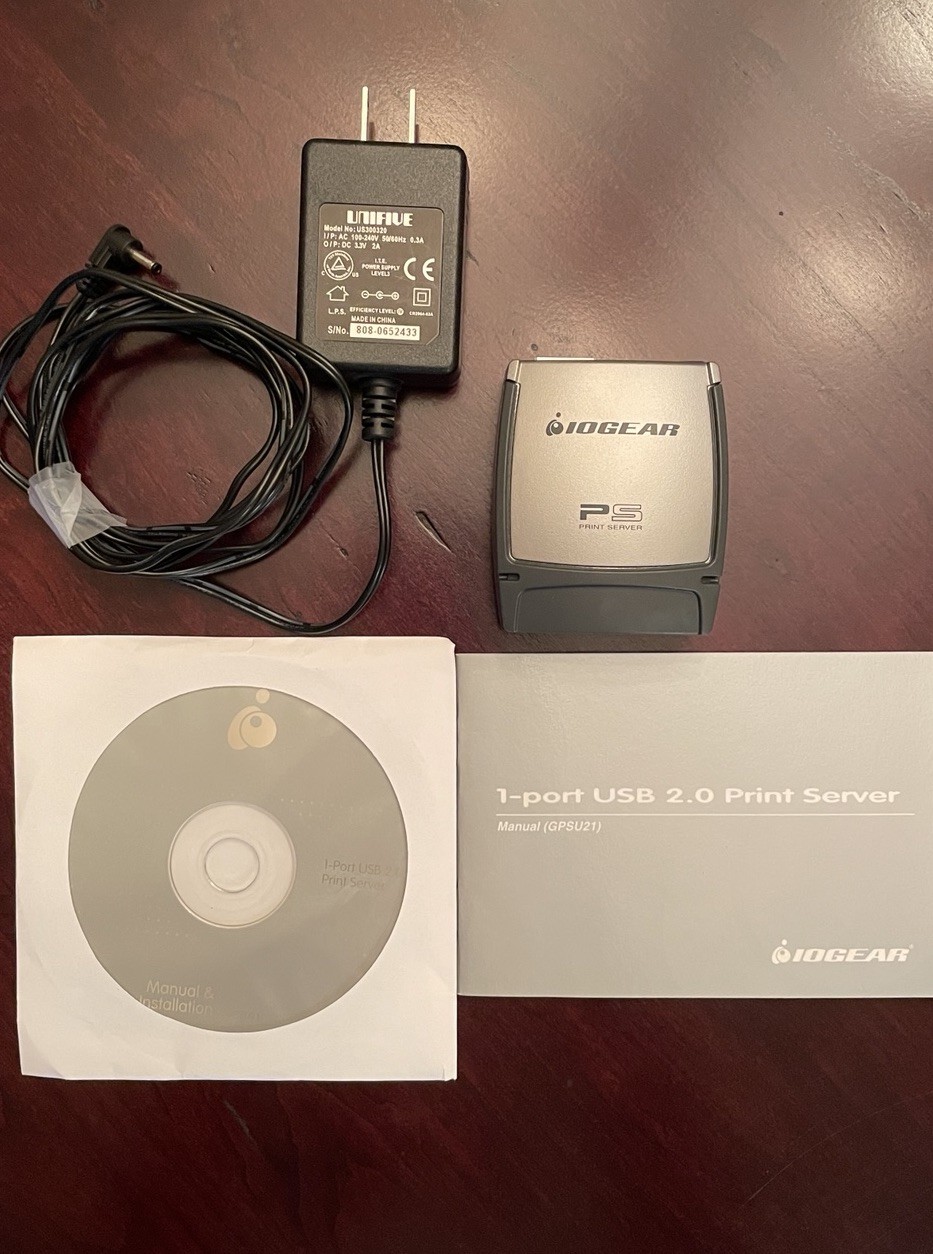 IOGEAR GPSU21 1-Port USB 2.0 Print Server w/ Power Adapter Manual Disc